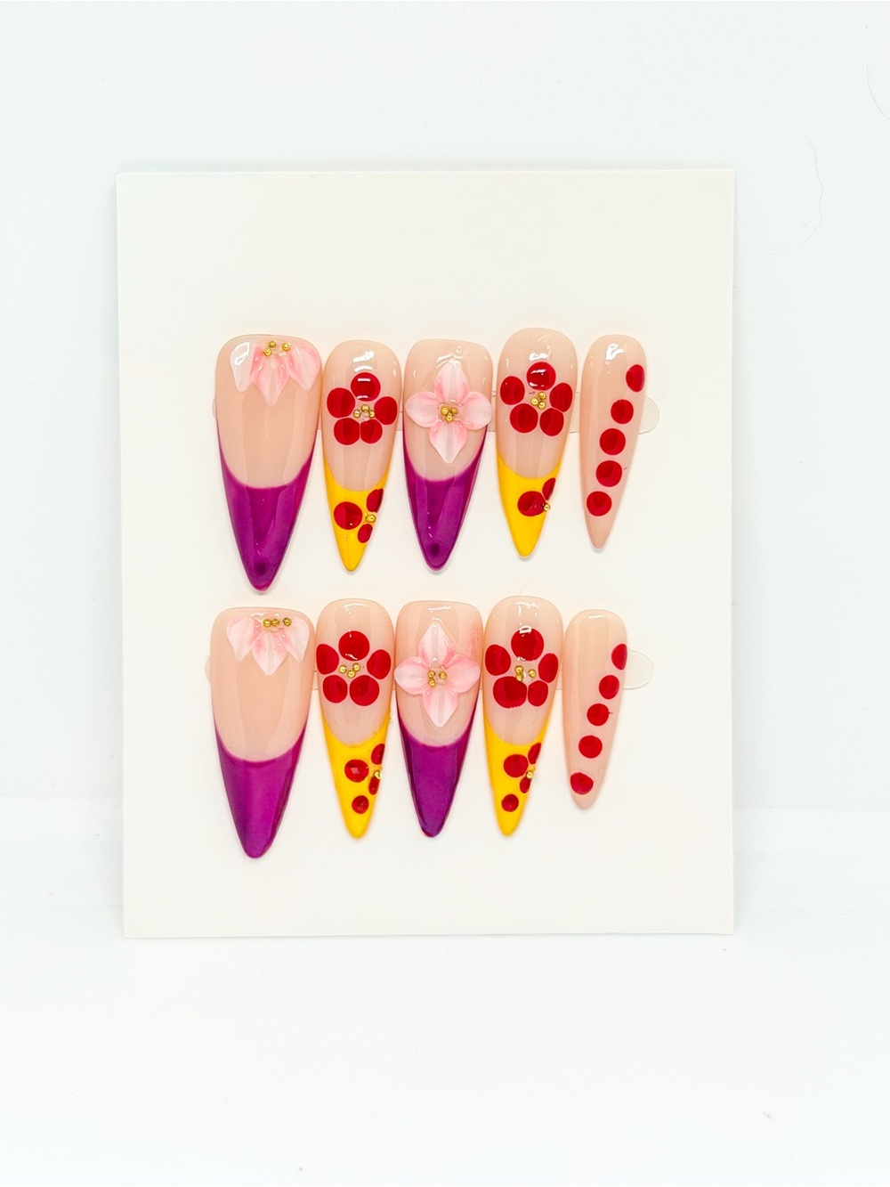 Floral Accent Press-On Nail Set in Pink, Purple & Yellow